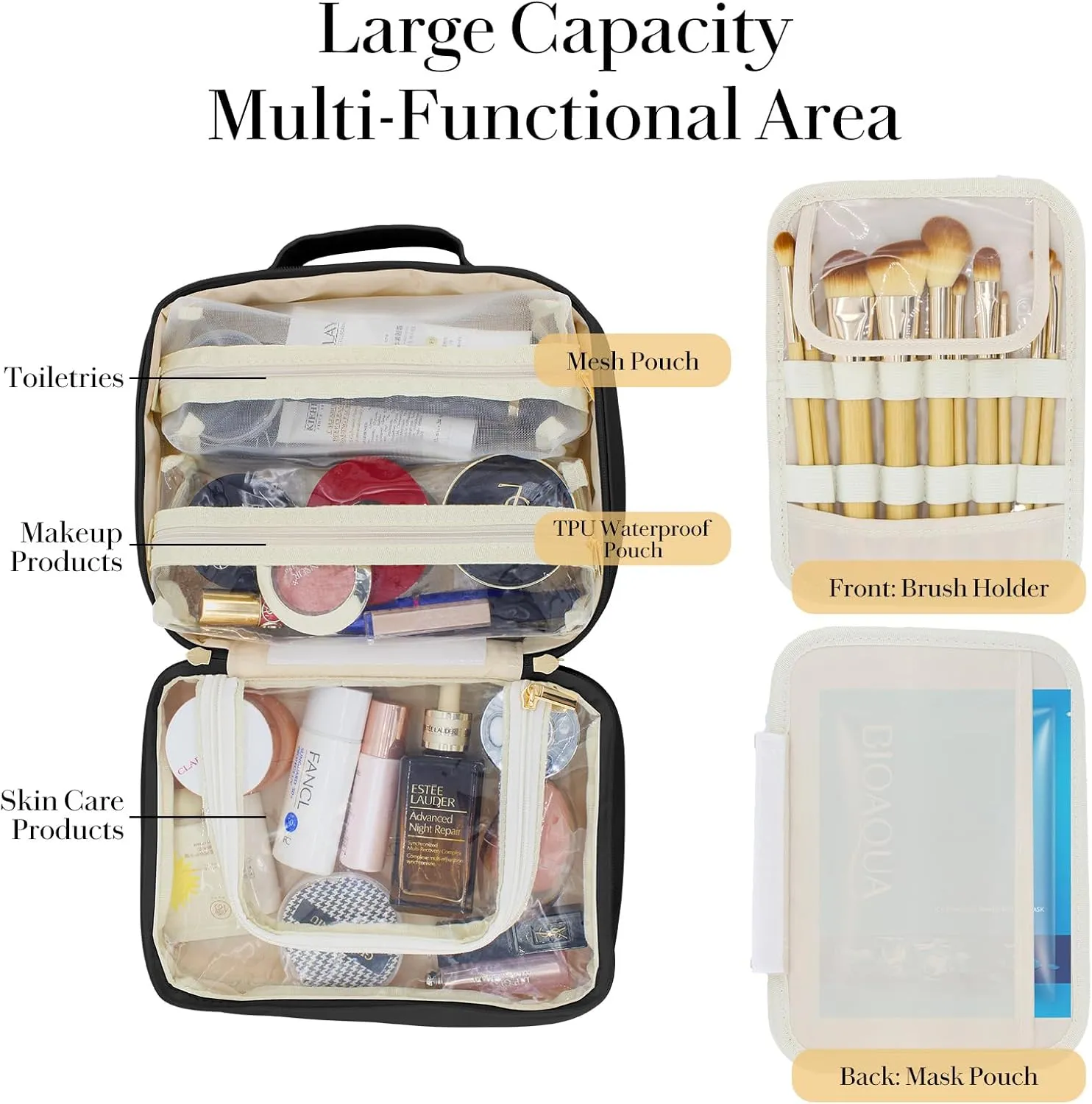Travel Makeup Bag Large Capacity Cosmetic Organizer Waterproof Leather Toiletry Bag with Brush Holder and Handle Portable Cosmetic Storage Bag for Women Girls Gift - Black