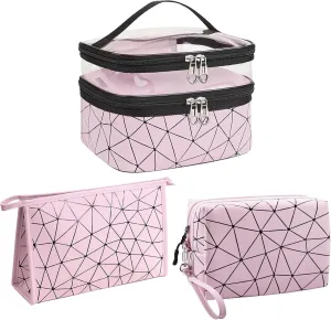 Travel Makeup Bag Organizer, Waterproofing Toiletry Bag Set, Skincare Bag with 2 Cosmetic Bags for Women, Pink Makeup Bag