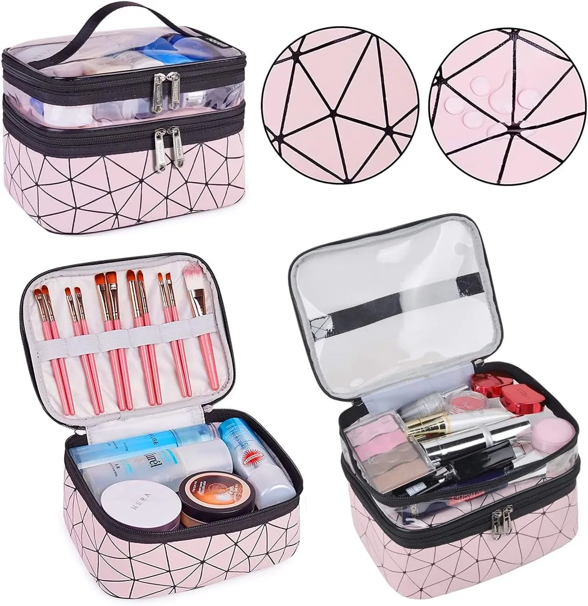 Travel Makeup Bag Organizer, Waterproofing Toiletry Bag Set, Skincare Bag with 2 Cosmetic Bags for Women, Pink Makeup Bag