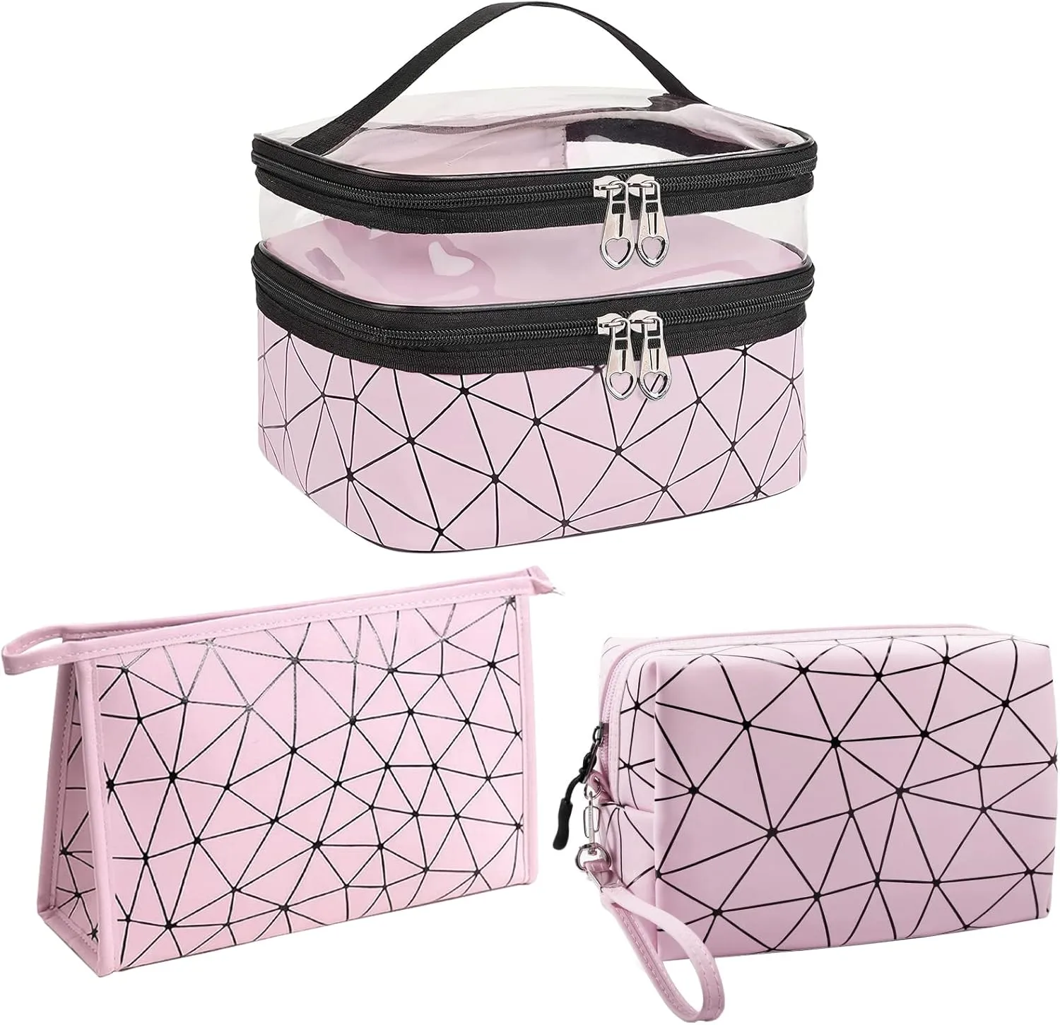 Travel Makeup Bag Organizer, Waterproofing Toiletry Bag Set, Skincare Bag with 2 Cosmetic Bags for Women, Pink Makeup Bag