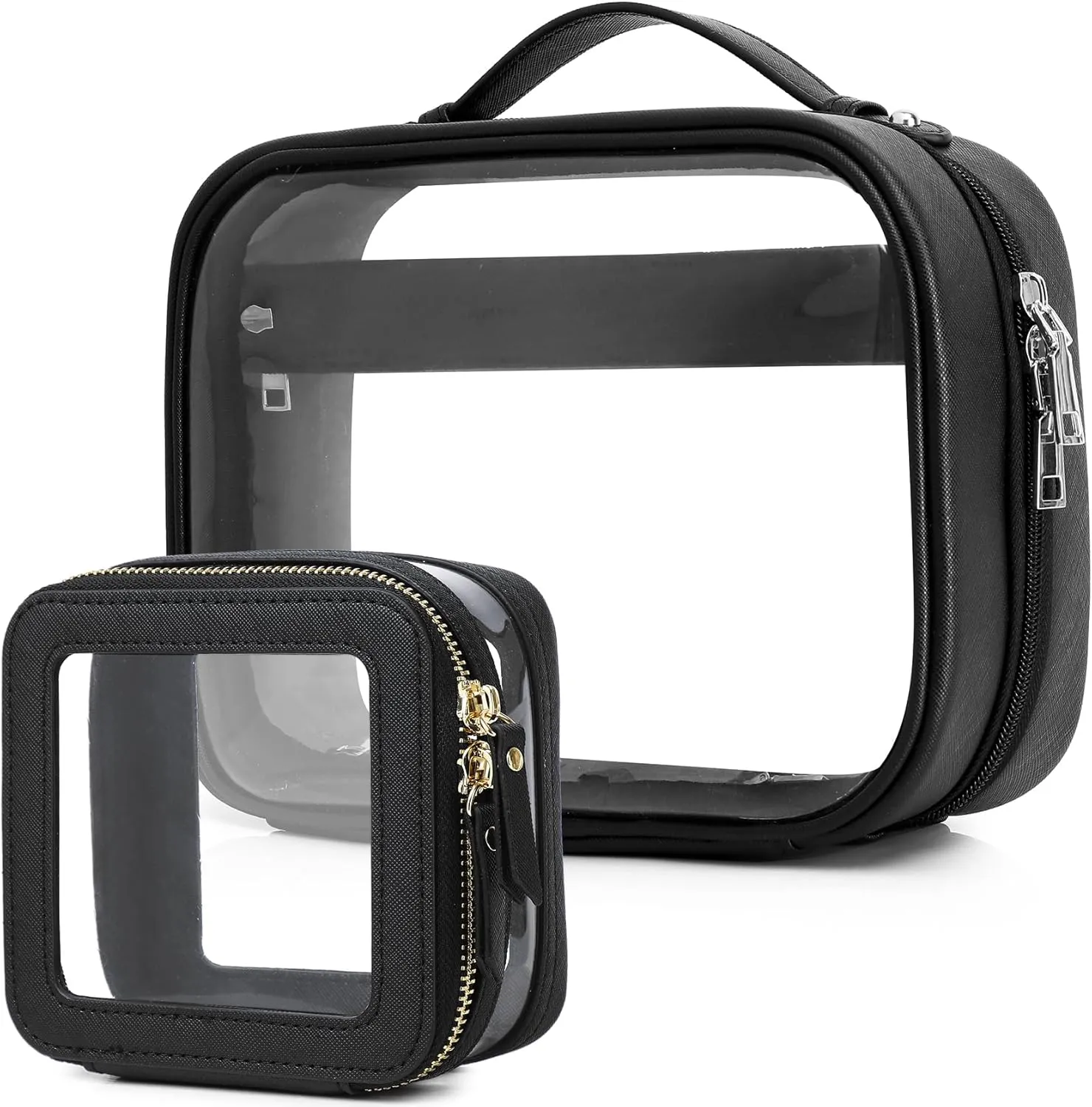 Travel Makeup Bag Set Portable Clear Cosmetic & Toiletry Case Women's Purse Organizer and Car Essentials with Zipper (Y/Black, M MINI)