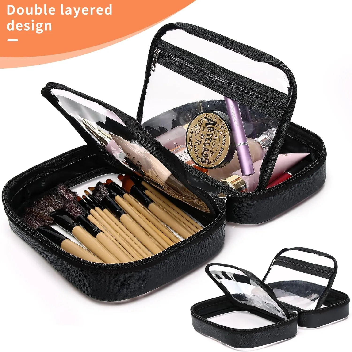 Travel Makeup Bag Set Portable Clear Cosmetic & Toiletry Case Women's Purse Organizer and Car Essentials with Zipper (Y/Black, M MINI)