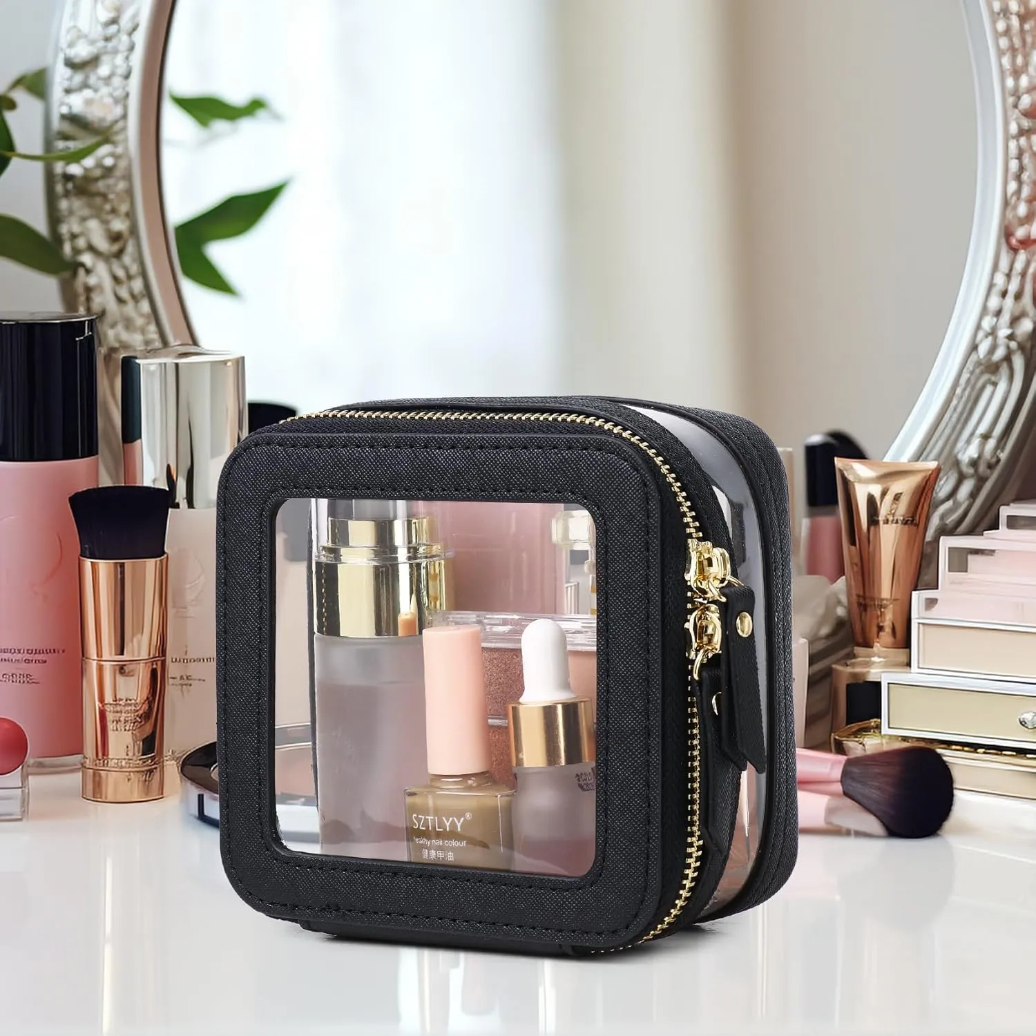Travel Makeup Bag Set Portable Clear Cosmetic & Toiletry Case Women's Purse Organizer and Car Essentials with Zipper (Y/Black, M MINI)