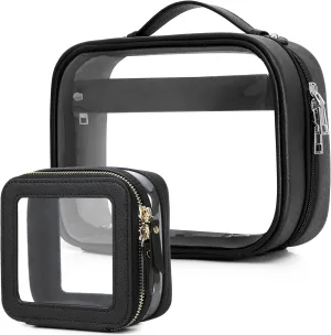 Travel Makeup Bag Set Portable Clear Cosmetic & Toiletry Case Women's Purse Organizer and Car Essentials with Zipper (Y/Black, M MINI)