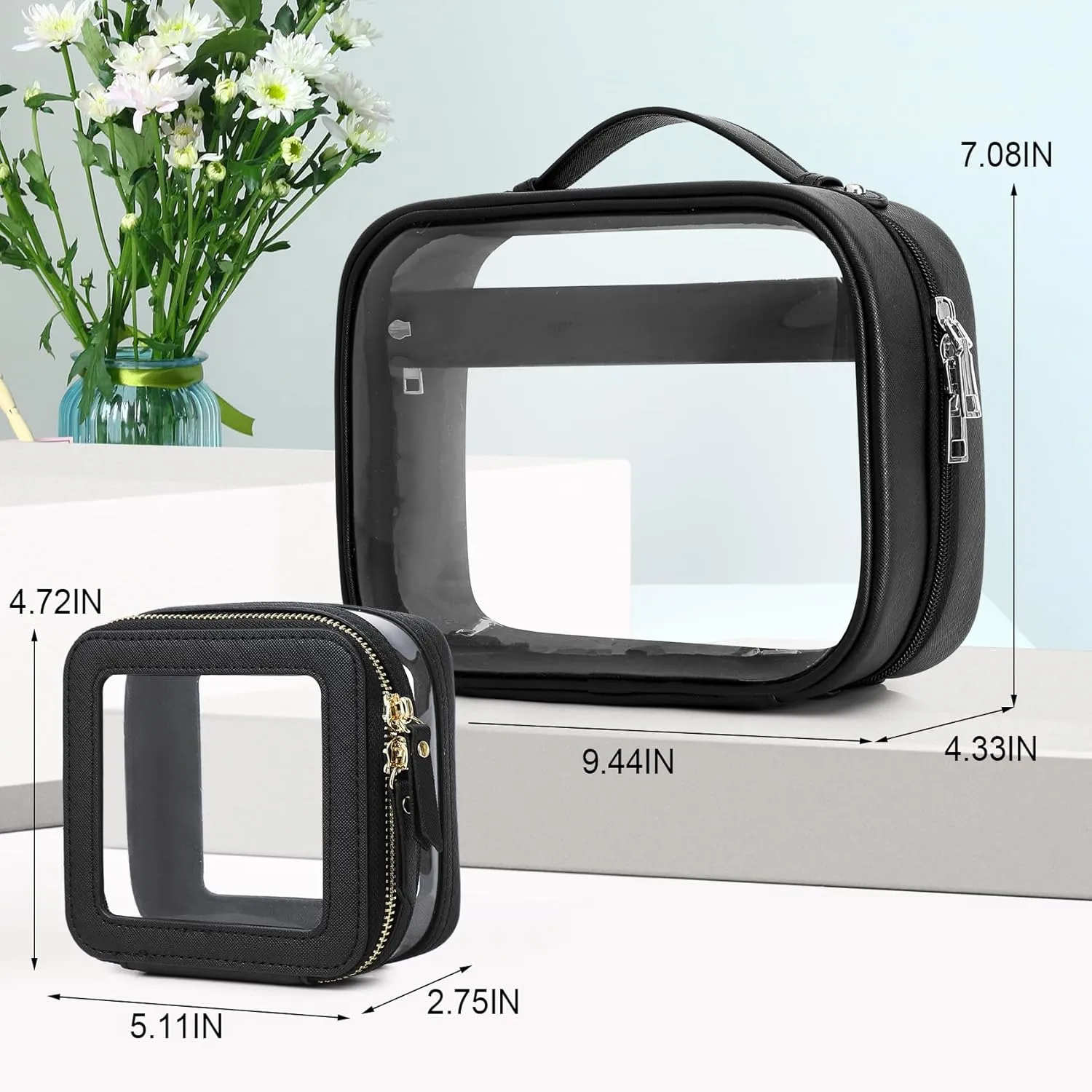 Travel Makeup Bag Set Portable Clear Cosmetic & Toiletry Case Women's Purse Organizer and Car Essentials with Zipper (Y/Black, M MINI)