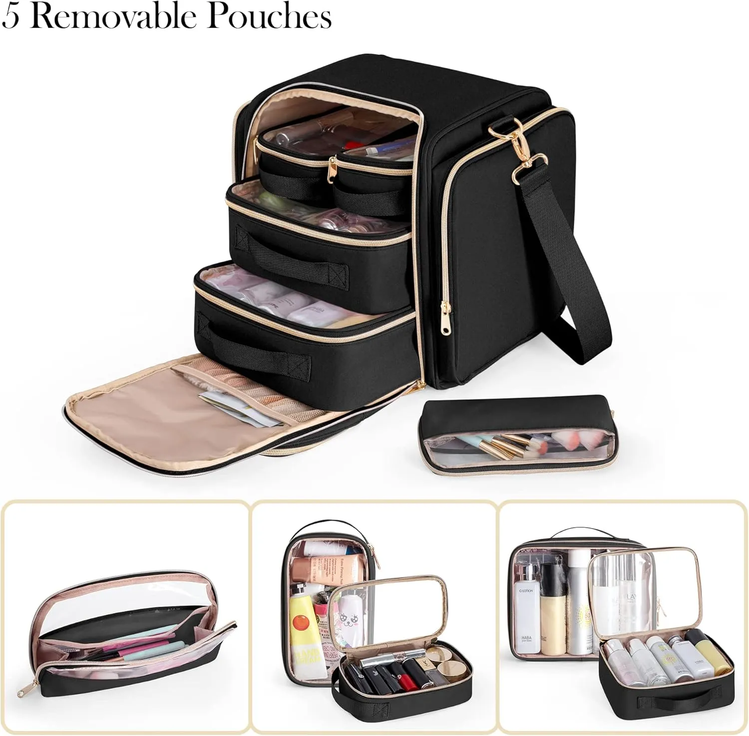 Travel Makeup Bag with 5 Removable Cases, Large Cosmetic Case Make up Organizer with Strap and Multiple Storage Pockets, Black (Patented Design)