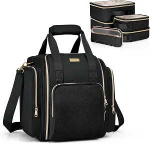 Travel Makeup Bag with 5 Removable Cases, Large Cosmetic Case Make up Organizer with Strap and Multiple Storage Pockets, Black (Patented Design)