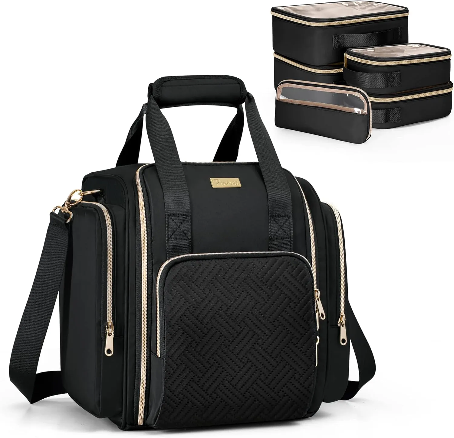 Travel Makeup Bag with 5 Removable Cases, Large Cosmetic Case Make up Organizer with Strap and Multiple Storage Pockets, Black (Patented Design)