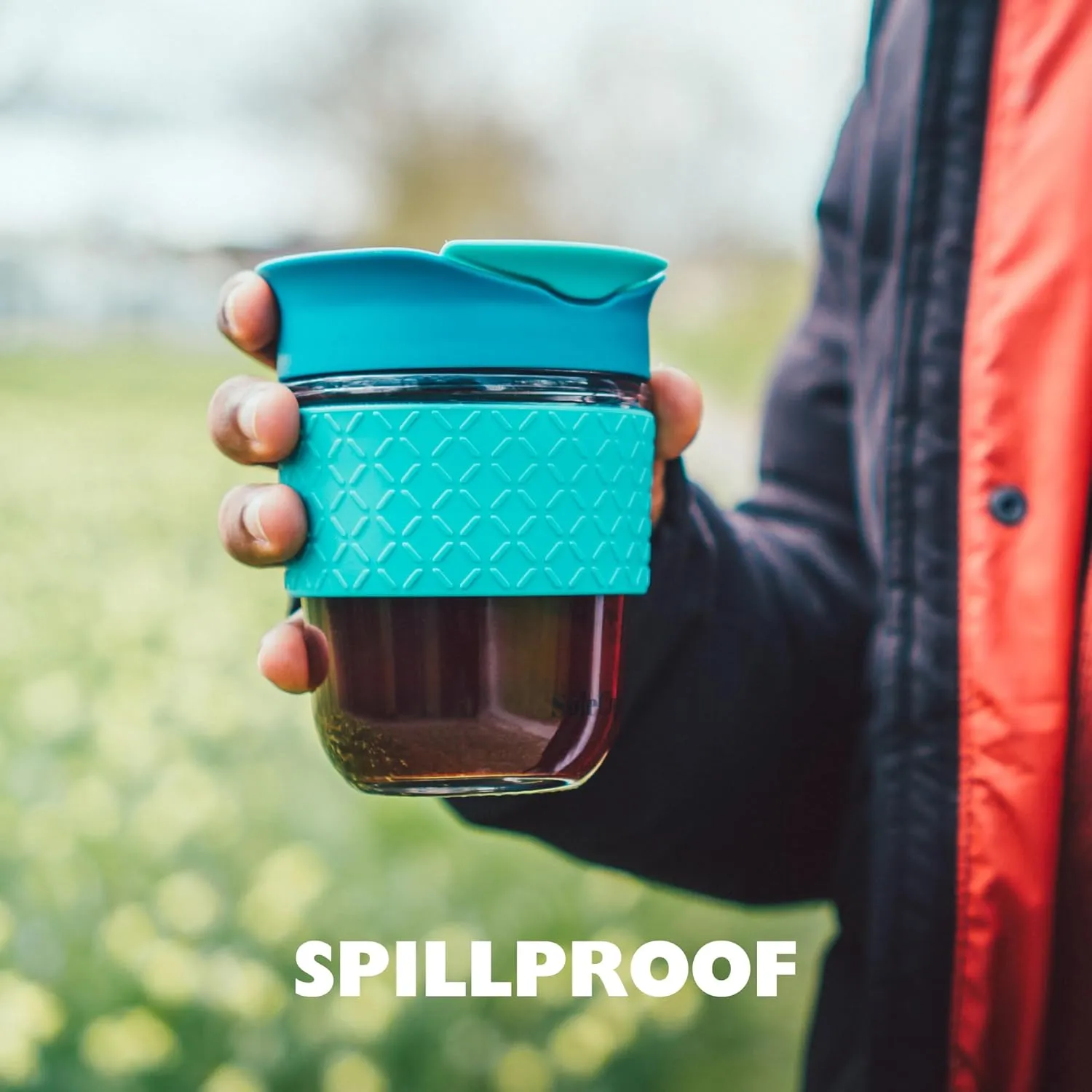 Travel Mug Loose Tea Infuser - Detachable Tea Strainer with Spillproof Lid - BPA-Free Reusable Glass Travel Coffee Cup with Silicone Band (Blue)