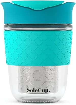 Travel Mug Loose Tea Infuser - Detachable Tea Strainer with Spillproof Lid - BPA-Free Reusable Glass Travel Coffee Cup with Silicone Band (Blue)
