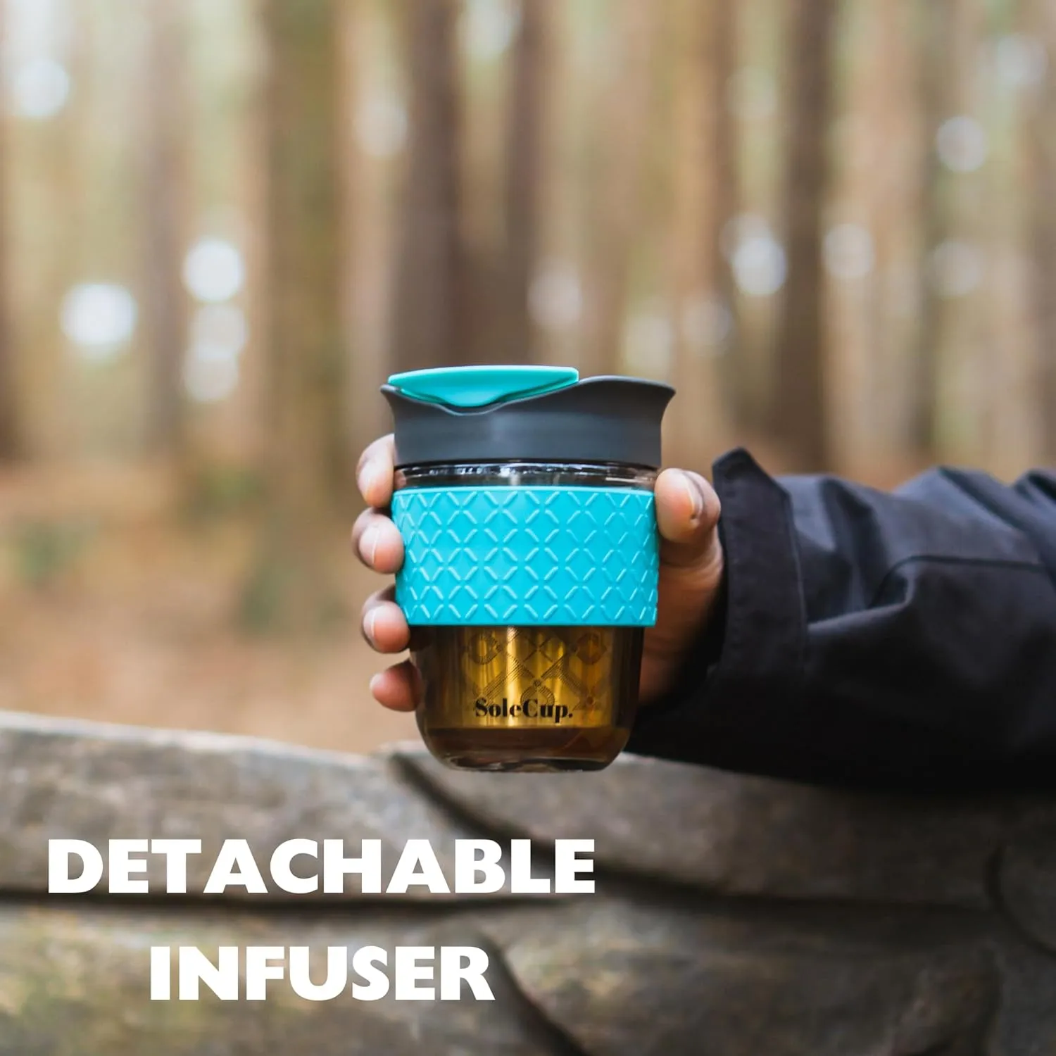 Travel Mug Loose Tea Infuser - Detachable Tea Strainer with Spillproof Lid - BPA-Free Reusable Glass Travel Coffee Cup with Silicone Band (Blue)