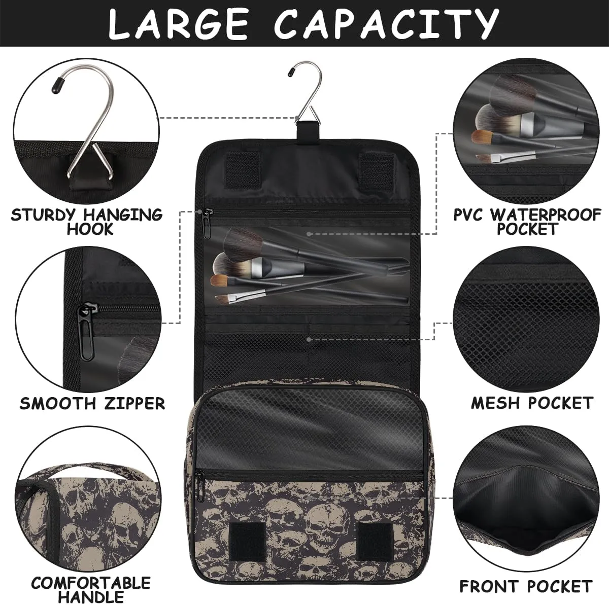 Travel Toiletry Bag for Women & Men Bohemian Skull Cool Hanging Cosmetic Organizer Portable Waterproof Makeup Case Make Up Bag with Compartments Travel Essentials for Bathroom Shower