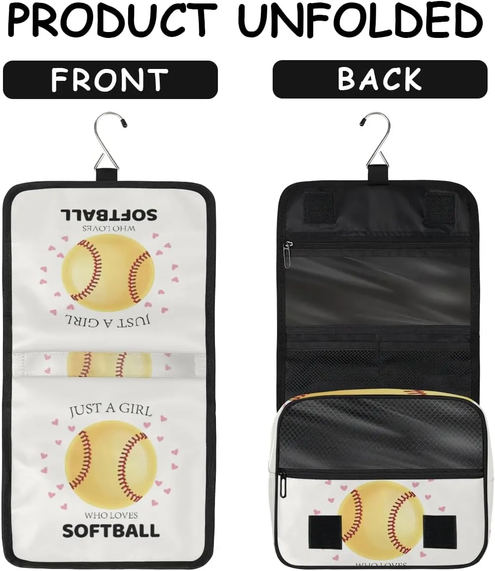 Travel Toiletry Bag for Women Girls with Hanging Hook Cute Heart Sport Softball Yellow Baseball Makeup Cosmetic Bag Organizer Travel Bag for Toiletries Essentials Accessories, Large Size