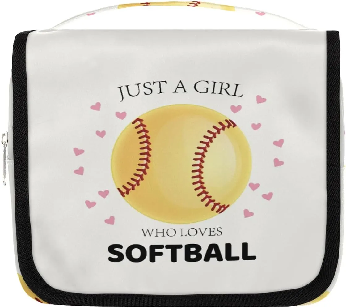 Travel Toiletry Bag for Women Girls with Hanging Hook Cute Heart Sport Softball Yellow Baseball Makeup Cosmetic Bag Organizer Travel Bag for Toiletries Essentials Accessories, Large Size