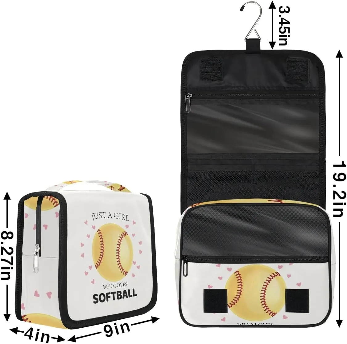 Travel Toiletry Bag for Women Girls with Hanging Hook Cute Heart Sport Softball Yellow Baseball Makeup Cosmetic Bag Organizer Travel Bag for Toiletries Essentials Accessories, Large Size