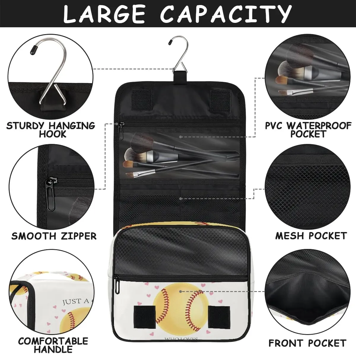 Travel Toiletry Bag for Women Girls with Hanging Hook Cute Heart Sport Softball Yellow Baseball Makeup Cosmetic Bag Organizer Travel Bag for Toiletries Essentials Accessories, Large Size