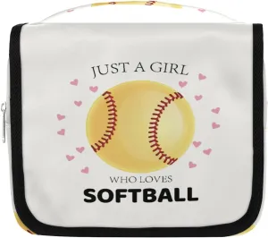 Travel Toiletry Bag for Women Girls with Hanging Hook Cute Heart Sport Softball Yellow Baseball Makeup Cosmetic Bag Organizer Travel Bag for Toiletries Essentials Accessories, Large Size