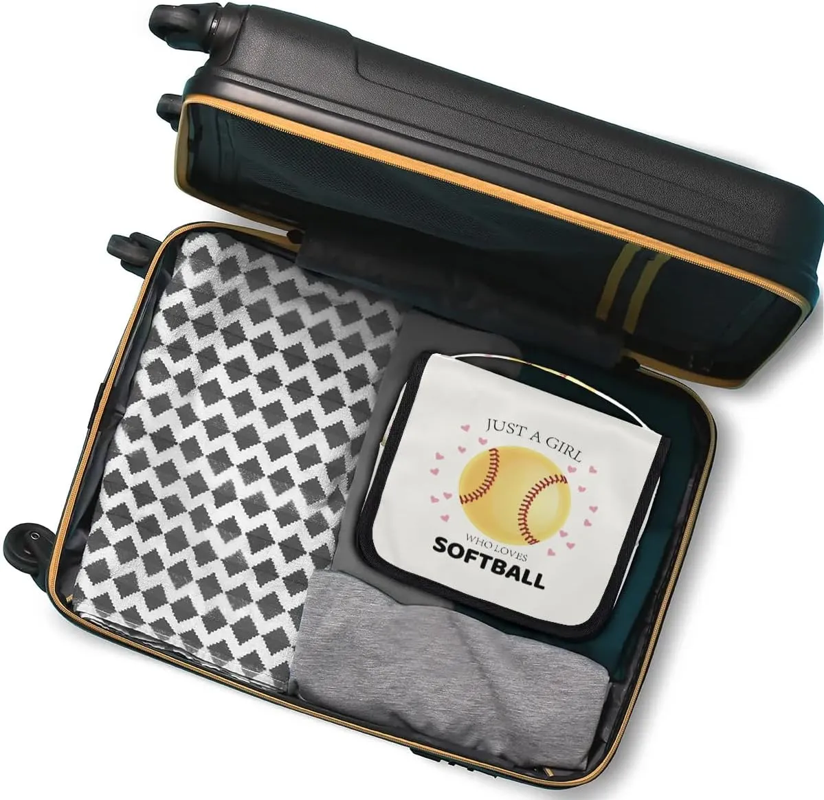 Travel Toiletry Bag for Women Girls with Hanging Hook Cute Heart Sport Softball Yellow Baseball Makeup Cosmetic Bag Organizer Travel Bag for Toiletries Essentials Accessories, Large Size