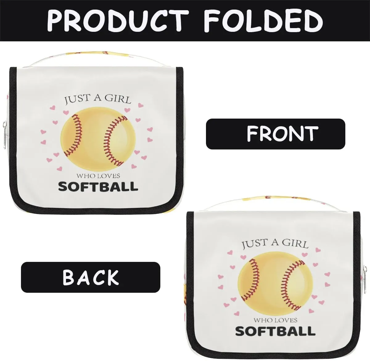 Travel Toiletry Bag for Women Girls with Hanging Hook Cute Heart Sport Softball Yellow Baseball Makeup Cosmetic Bag Organizer Travel Bag for Toiletries Essentials Accessories, Large Size