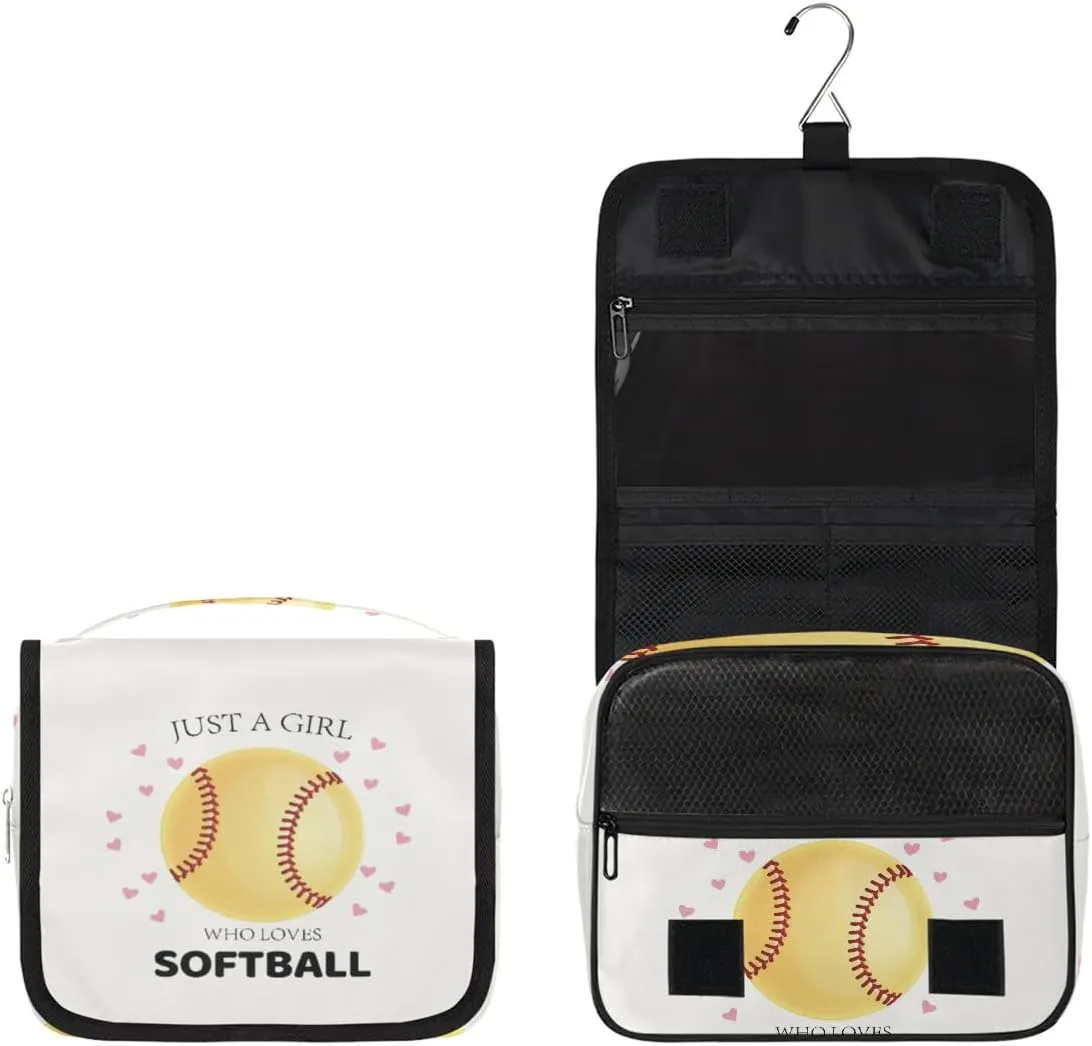 Travel Toiletry Bag for Women Girls with Hanging Hook Cute Heart Sport Softball Yellow Baseball Makeup Cosmetic Bag Organizer Travel Bag for Toiletries Essentials Accessories, Large Size