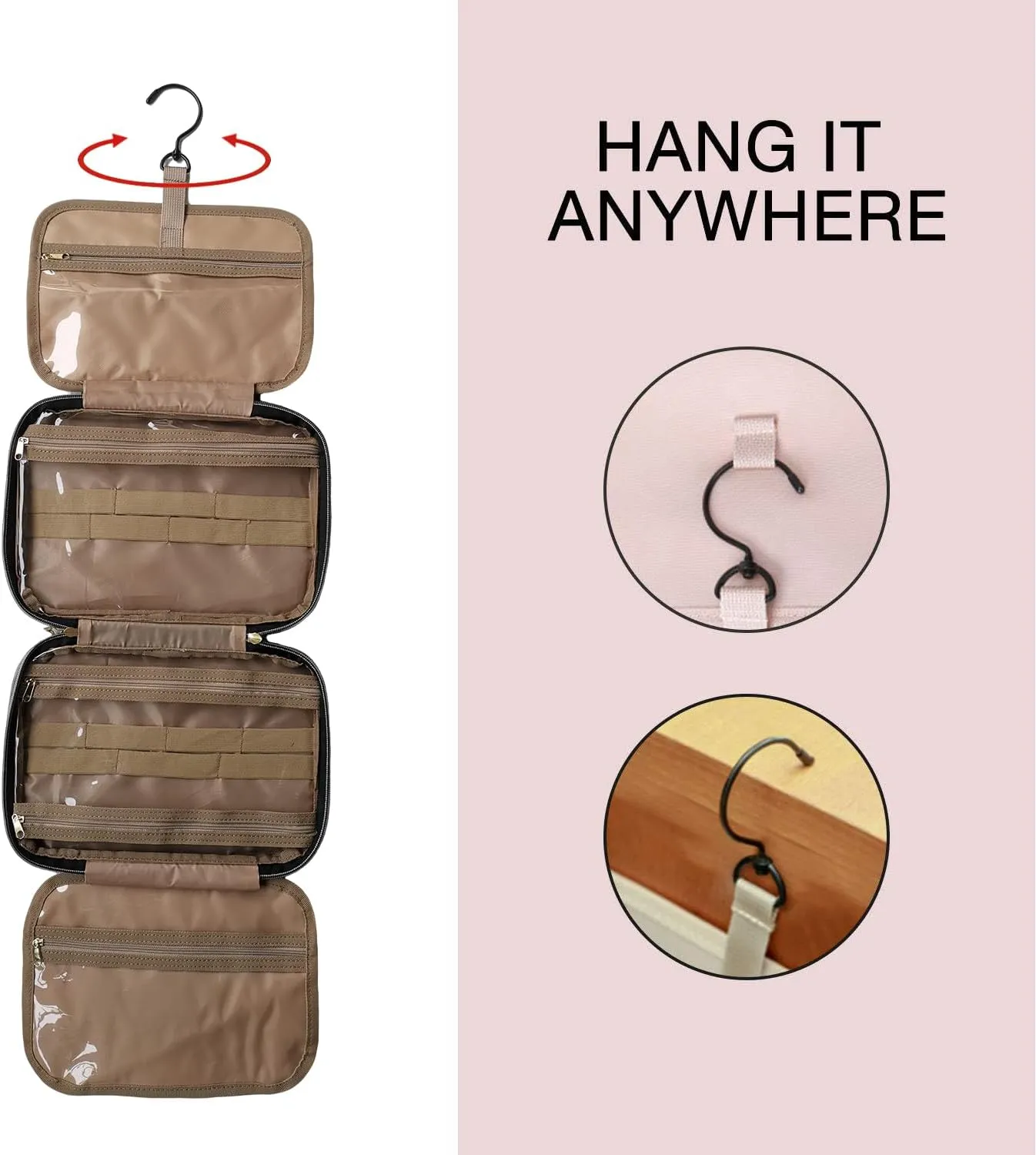 Travel Toiletry Bag with Hanging Hook, Water-resistant Makeup Cosmetic Bag Travel Organizer for Accessories, Shampoo, Full-Set Toiletries Container (Gray, Medium)