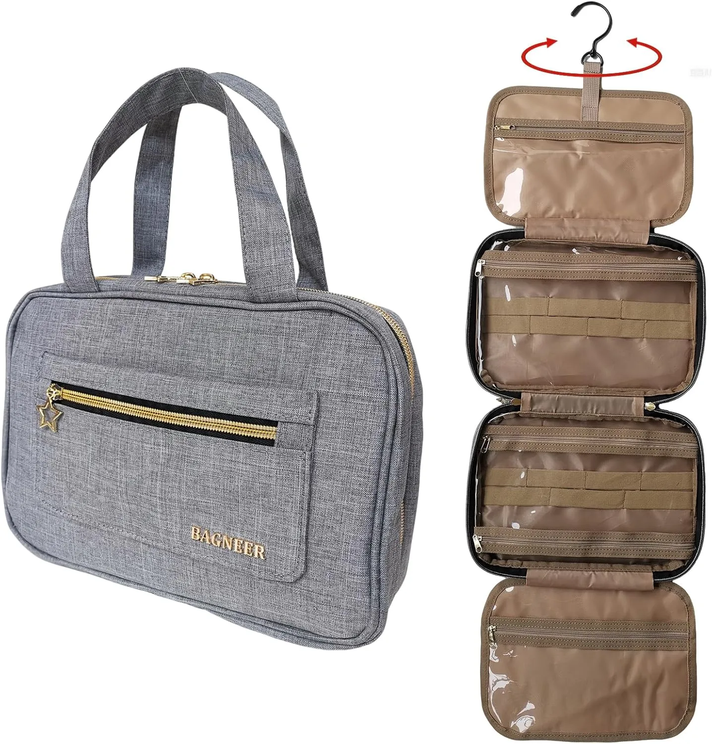 Travel Toiletry Bag with Hanging Hook, Water-resistant Makeup Cosmetic Bag Travel Organizer for Accessories, Shampoo, Full-Set Toiletries Container (Gray, Medium)