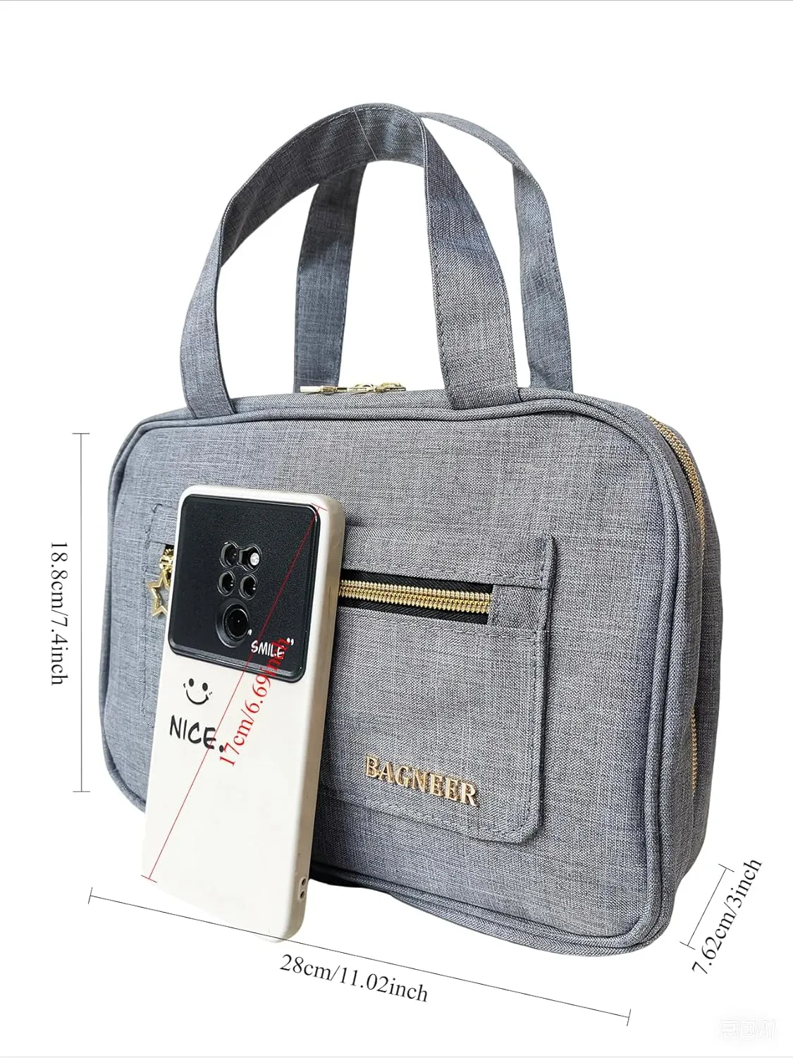 Travel Toiletry Bag with Hanging Hook, Water-resistant Makeup Cosmetic Bag Travel Organizer for Accessories, Shampoo, Full-Set Toiletries Container (Gray, Medium)