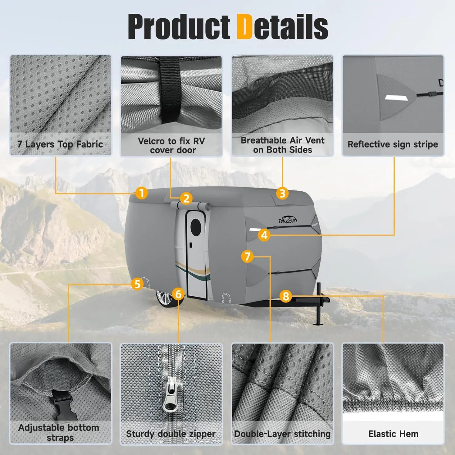 Travel Trailer Cover, 7 Layers Fiberglass Camper RV Cover (Fits 13' - 16' Trailers), Tear Resistant Waterproof Motohome Trailer Cover