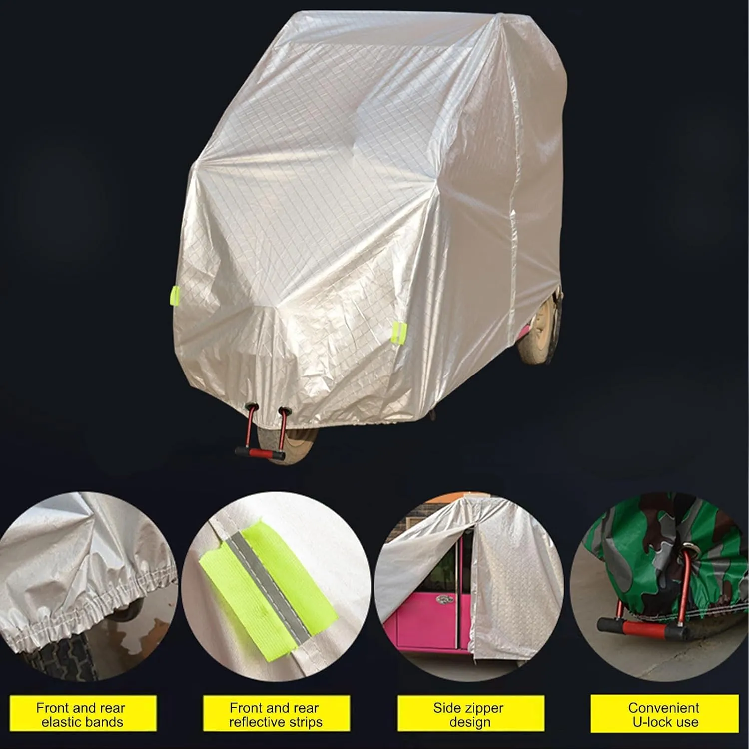 Tricycle Cover, Outdoors Indoors Dust Wind Proof Anti-UV 3 Wheeled Bike Cover, Lock Holes and Storage Bag, with Night Reflective, Waterproof and All-Weather(Silver,220 * 120cm/89 * 47in)