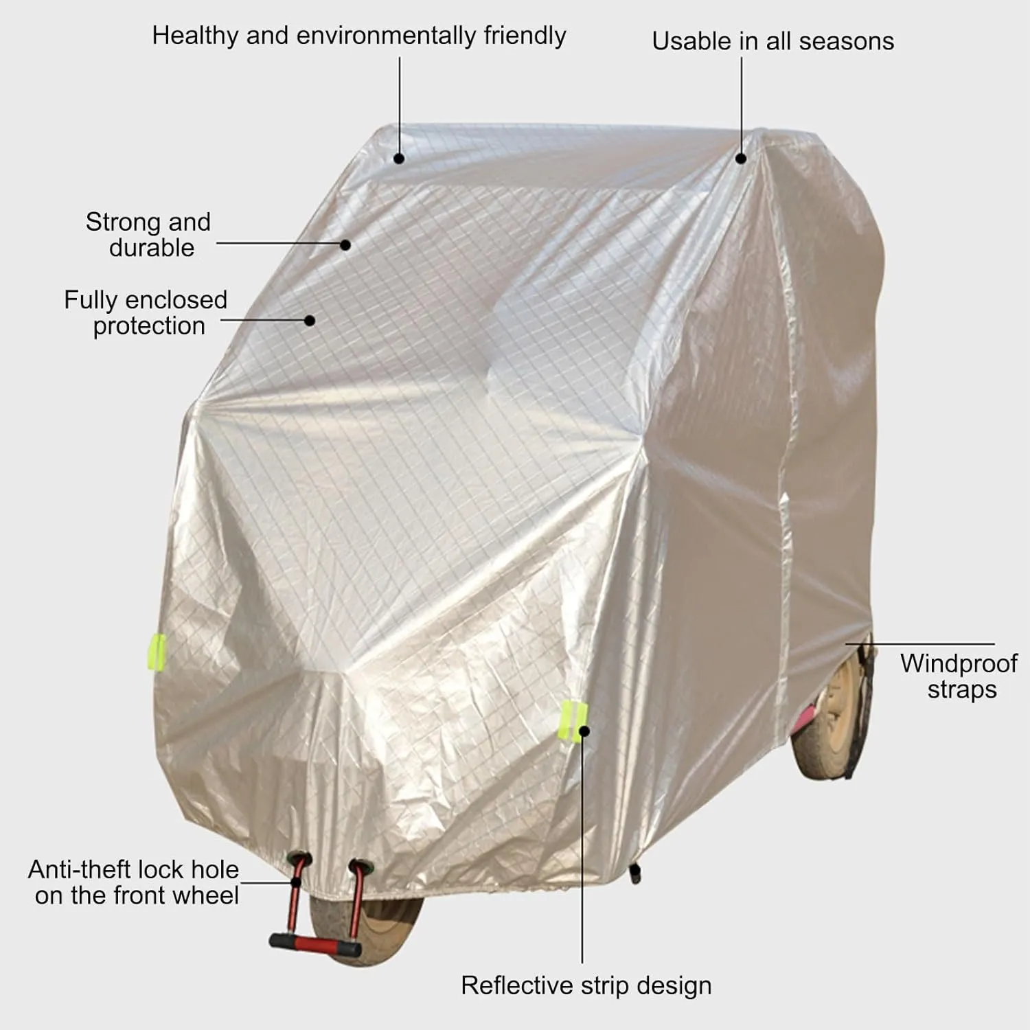 Tricycle Cover, Outdoors Indoors Dust Wind Proof Anti-UV 3 Wheeled Bike Cover, Lock Holes and Storage Bag, with Night Reflective, Waterproof and All-Weather(Silver,220 * 120cm/89 * 47in)