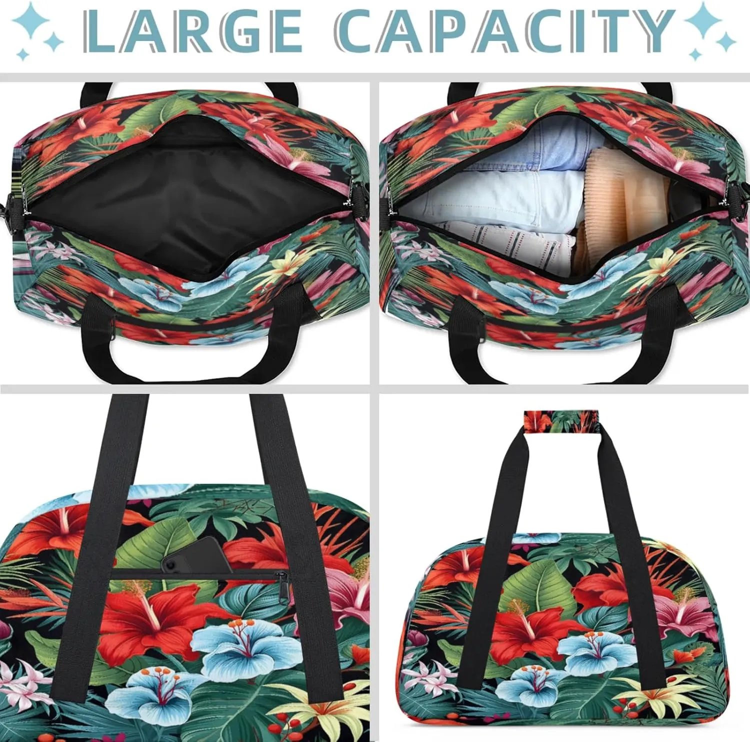 Tropical Hibiscu Floral Hawaii Palm Leaves Small Gym Bag 18 inch Carry On Duffel Bag for Weekender Travel Sports Workout Yoga Gymnastics Dance Ballet