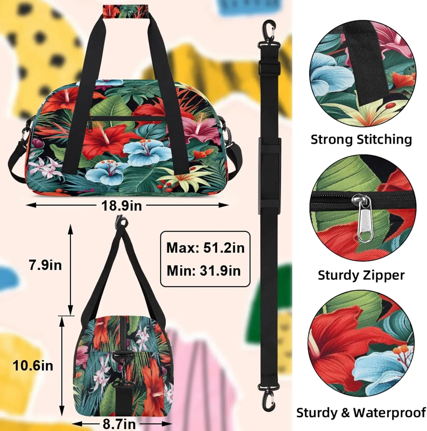 Tropical Hibiscu Floral Hawaii Palm Leaves Small Gym Bag 18 inch Carry On Duffel Bag for Weekender Travel Sports Workout Yoga Gymnastics Dance Ballet