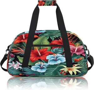 Tropical Hibiscu Floral Hawaii Palm Leaves Small Gym Bag 18 inch Carry On Duffel Bag for Weekender Travel Sports Workout Yoga Gymnastics Dance Ballet