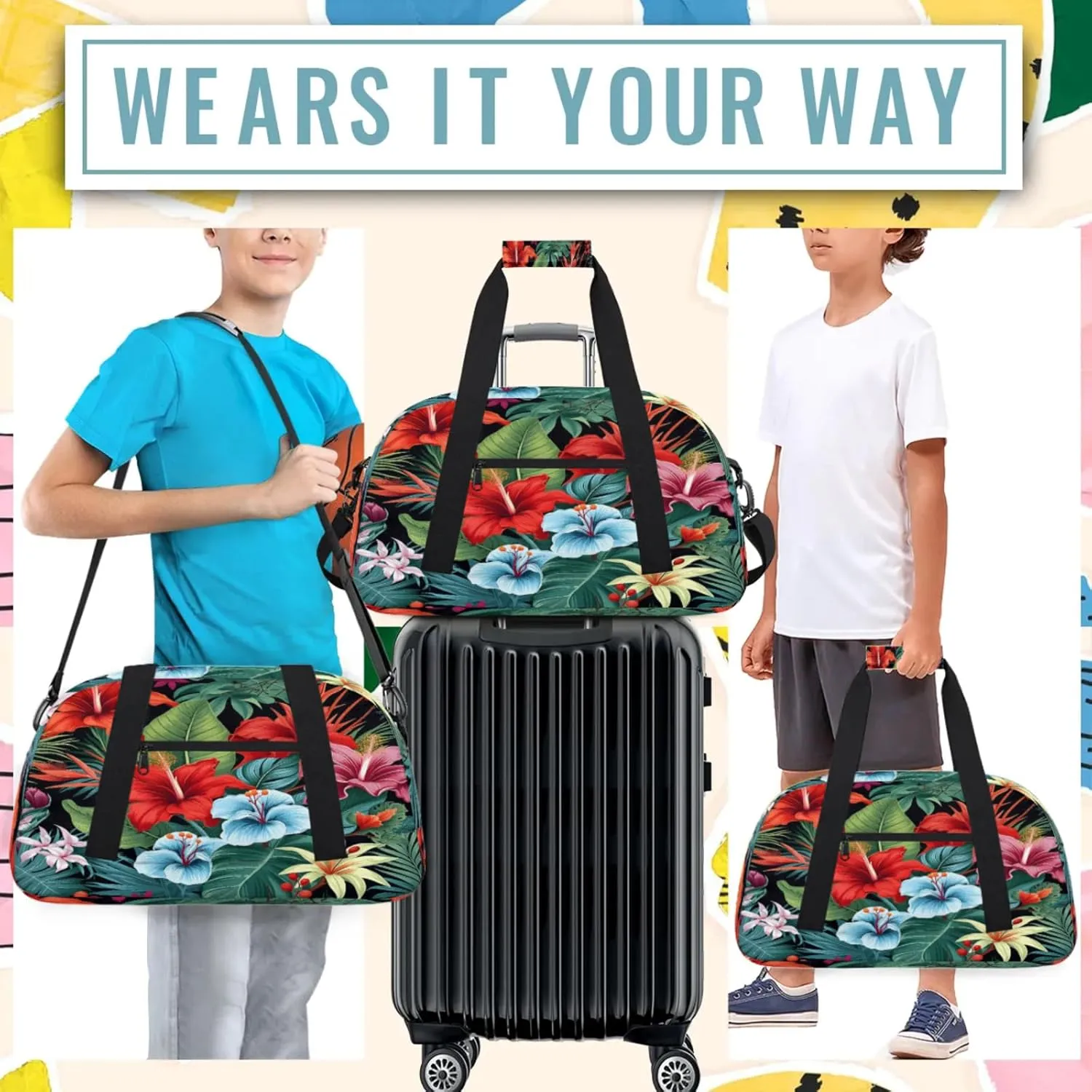 Tropical Hibiscu Floral Hawaii Palm Leaves Small Gym Bag 18 inch Carry On Duffel Bag for Weekender Travel Sports Workout Yoga Gymnastics Dance Ballet