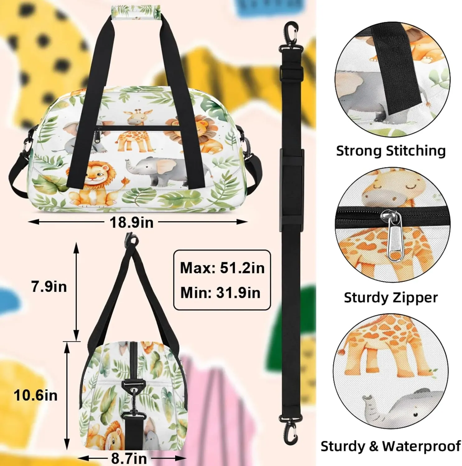 Tropical Rainfore Elephant Giraffe Lion Small Gym Bag 18 inch Carry On Duffel Bag for Weekender Travel Sports Workout Yoga Gymnastics Dance Ballet