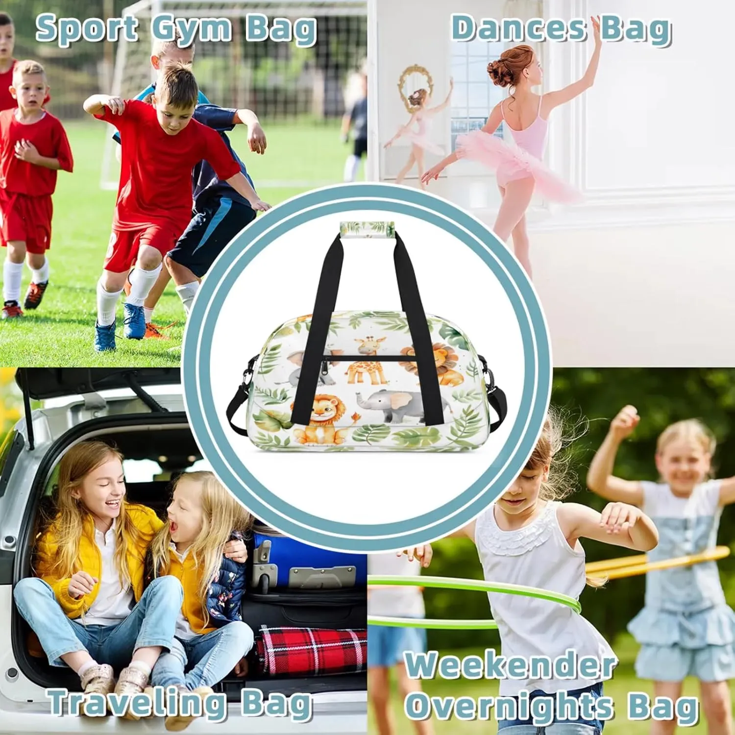 Tropical Rainfore Elephant Giraffe Lion Small Gym Bag 18 inch Carry On Duffel Bag for Weekender Travel Sports Workout Yoga Gymnastics Dance Ballet
