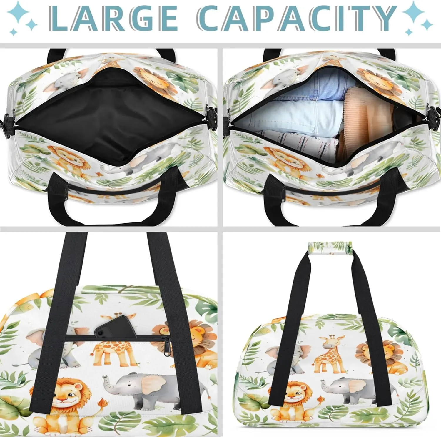 Tropical Rainfore Elephant Giraffe Lion Small Gym Bag 18 inch Carry On Duffel Bag for Weekender Travel Sports Workout Yoga Gymnastics Dance Ballet