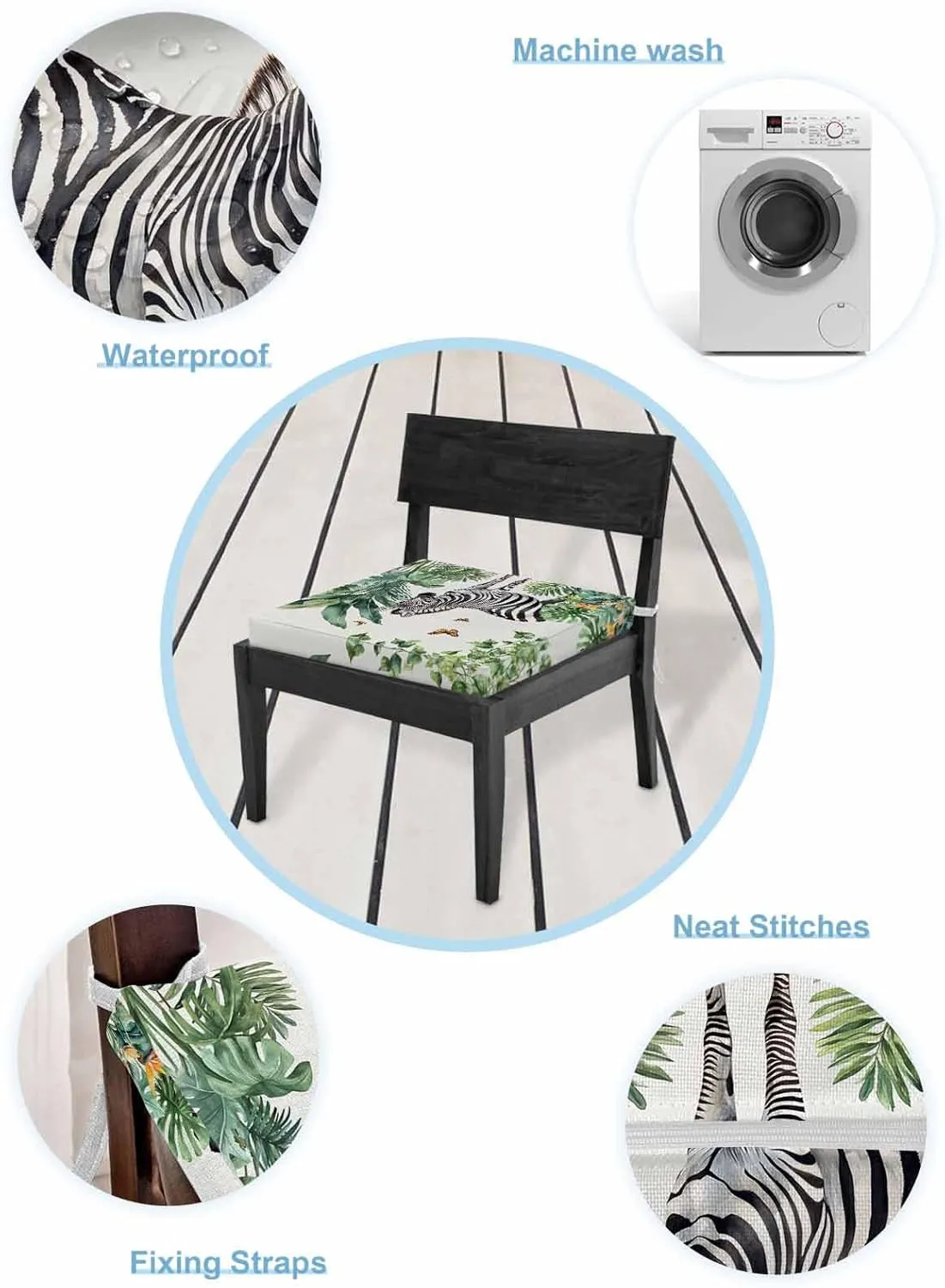 Tropical Zebra Butterfly Outdoor Cushion Chair Cover Set of 2 - Waterproof Couch Seat Covers, Watercolor Summer Palm Leaf Patio Furniture Protector Cushions Slipcovers for Sofa/RV, 24"x24"x4"