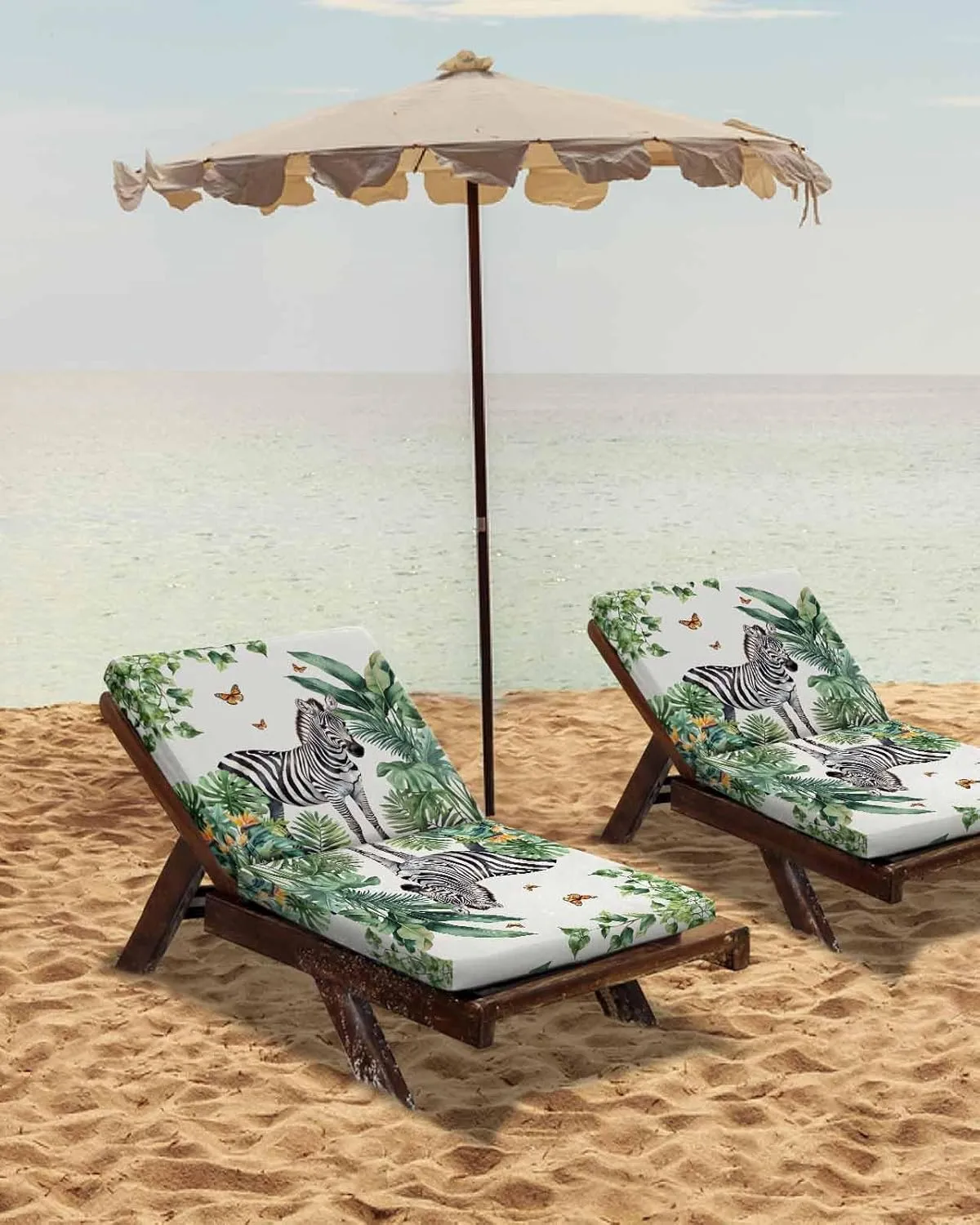 Tropical Zebra Butterfly Outdoor Cushion Chair Cover Set of 2 - Waterproof Couch Seat Covers, Watercolor Summer Palm Leaf Patio Furniture Protector Cushions Slipcovers for Sofa/RV, 24"x24"x4"