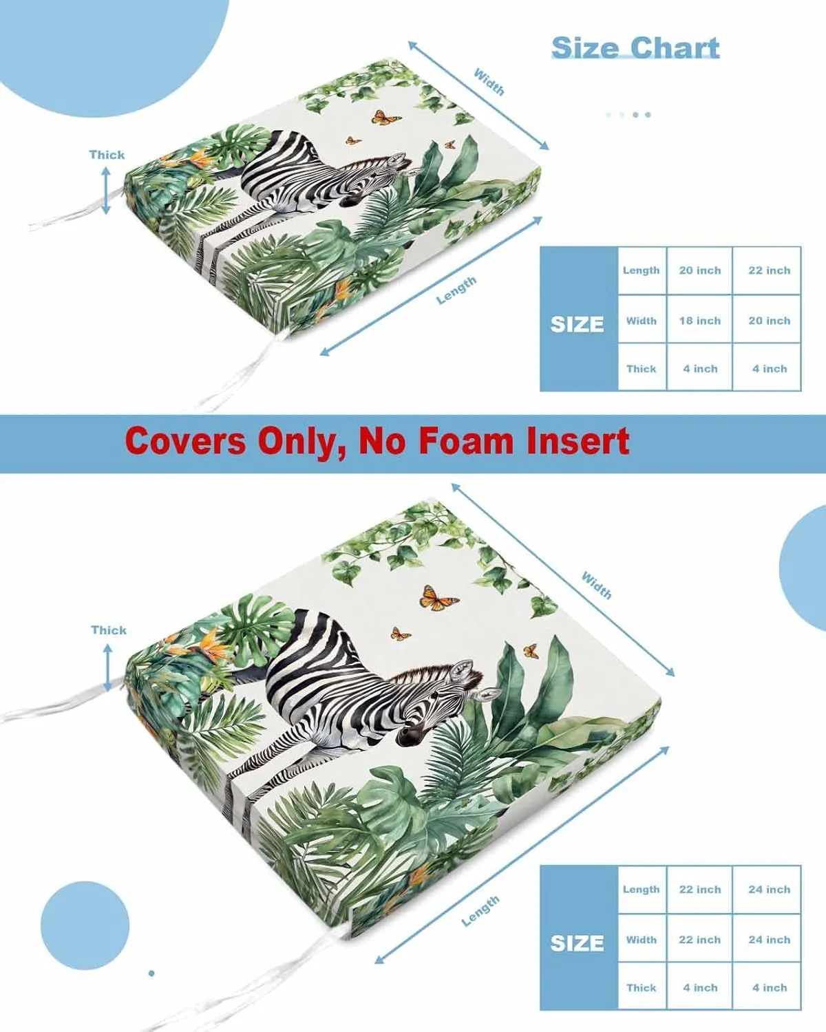 Tropical Zebra Butterfly Outdoor Cushion Chair Cover Set of 2 - Waterproof Couch Seat Covers, Watercolor Summer Palm Leaf Patio Furniture Protector Cushions Slipcovers for Sofa/RV, 24"x24"x4"
