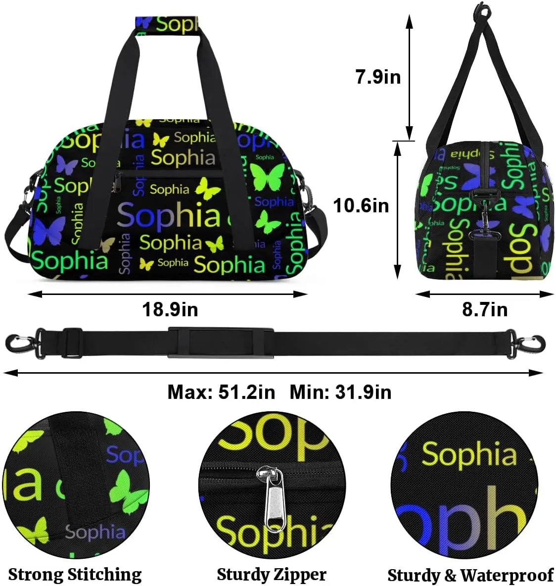 TropicalLife Custom Butterfly Sport Gym Bag Personalized Dance Bag Customized Duffle Bag Travel Duffle Bag for Women Blue Green Yellow Butterfly