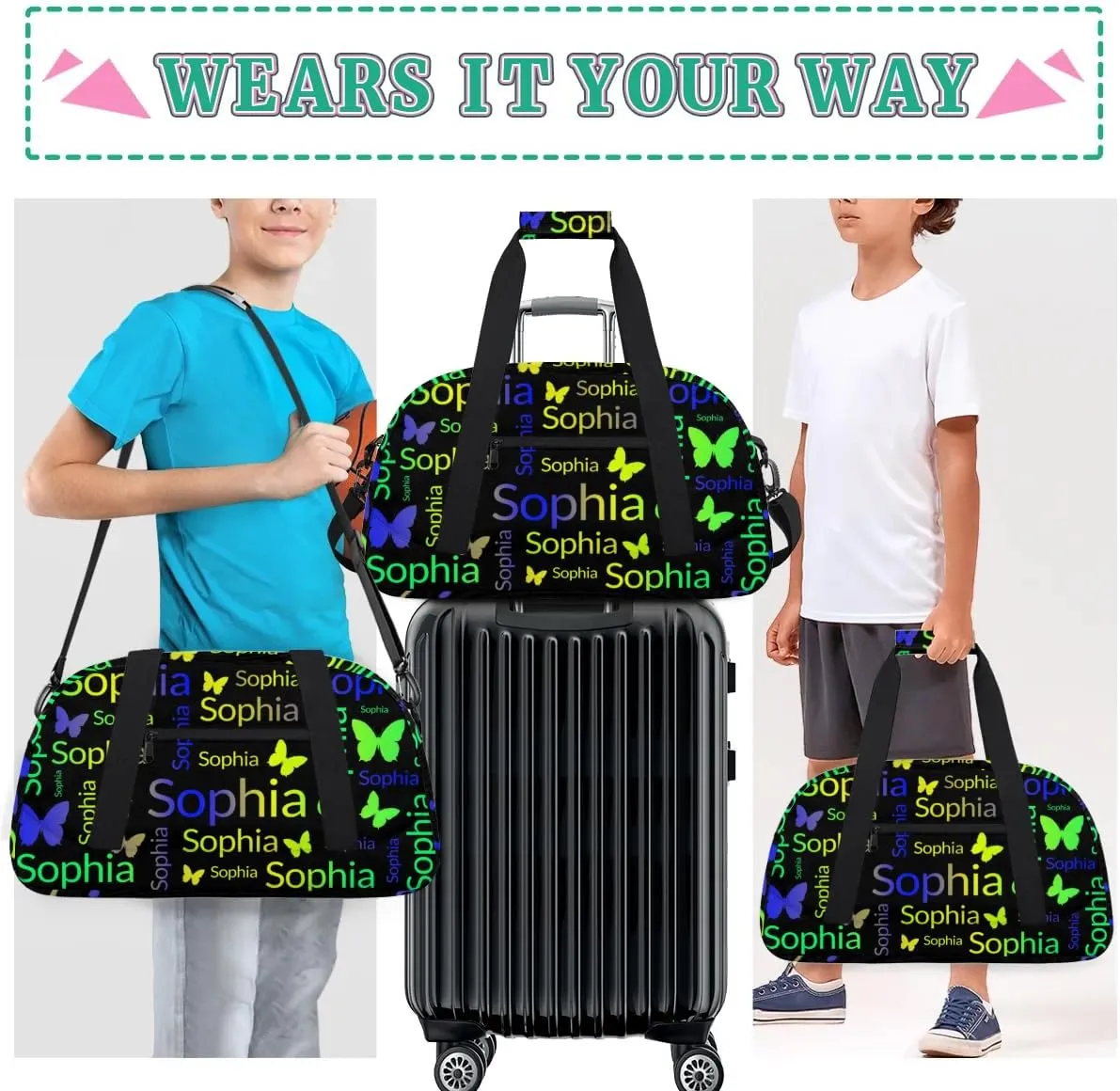 TropicalLife Custom Butterfly Sport Gym Bag Personalized Dance Bag Customized Duffle Bag Travel Duffle Bag for Women Blue Green Yellow Butterfly