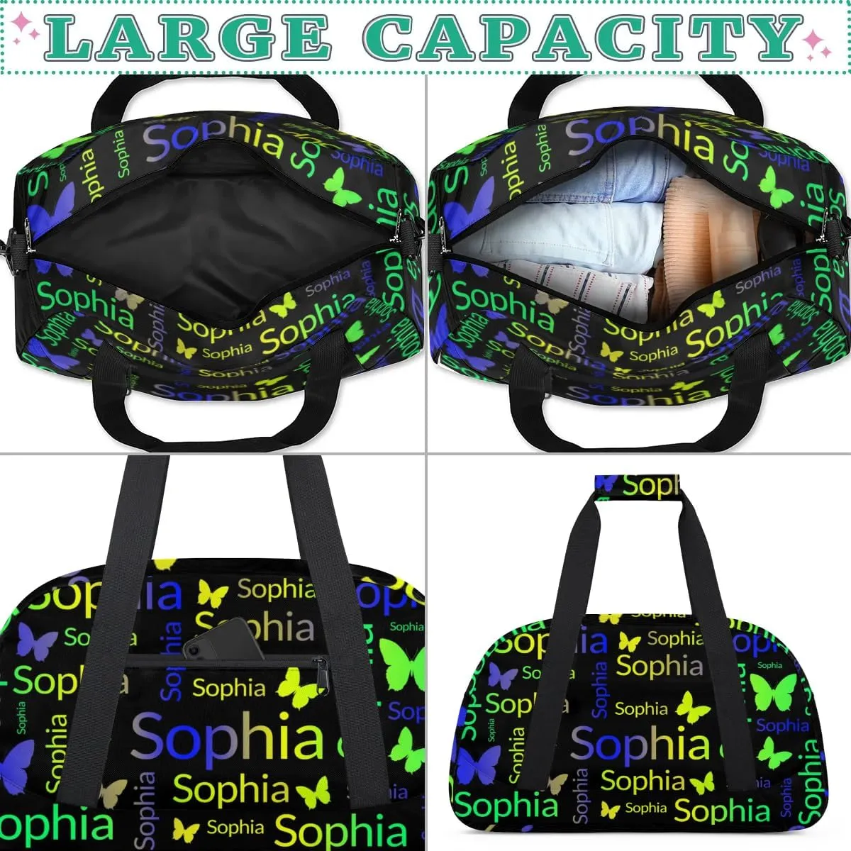 TropicalLife Custom Butterfly Sport Gym Bag Personalized Dance Bag Customized Duffle Bag Travel Duffle Bag for Women Blue Green Yellow Butterfly