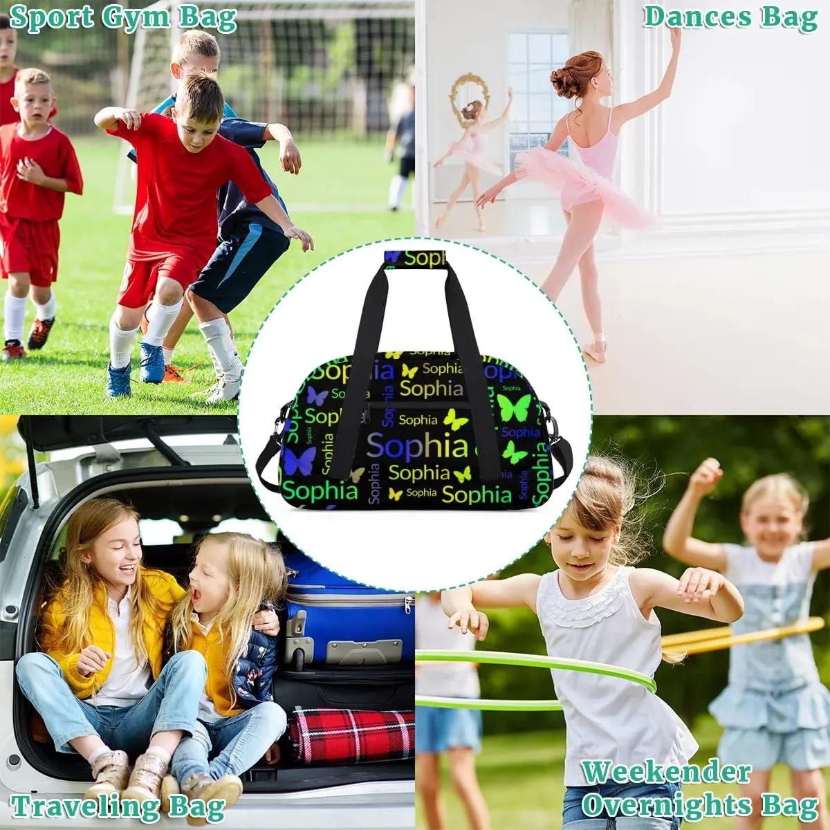 TropicalLife Custom Butterfly Sport Gym Bag Personalized Dance Bag Customized Duffle Bag Travel Duffle Bag for Women Blue Green Yellow Butterfly