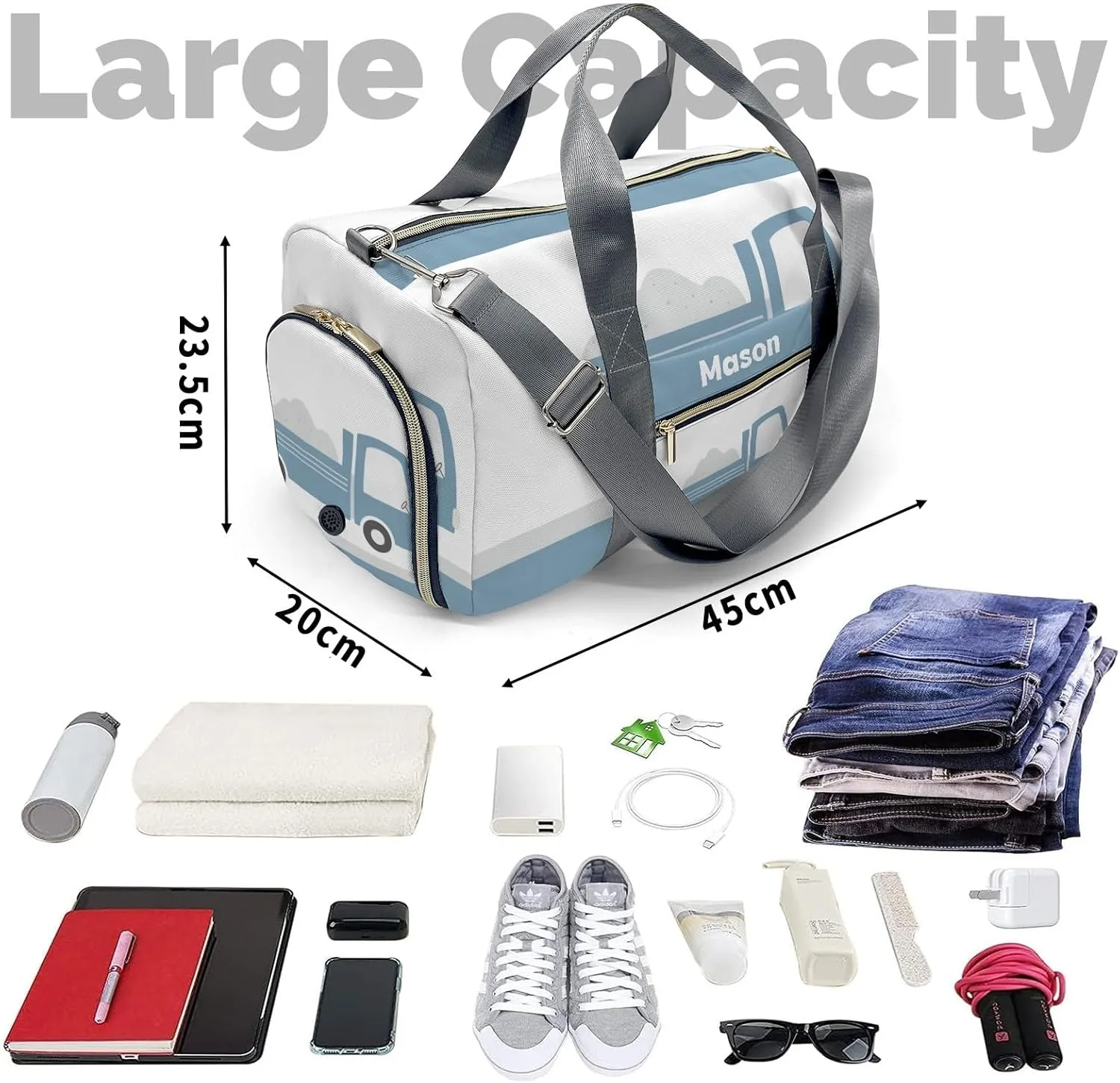 Truck Blue 1 Personalized Duffel Bag,Custom Travel Gym Bag with Name,Waterproof Sports Overnight Bag with Shoe Compartment & Shoulder Strap