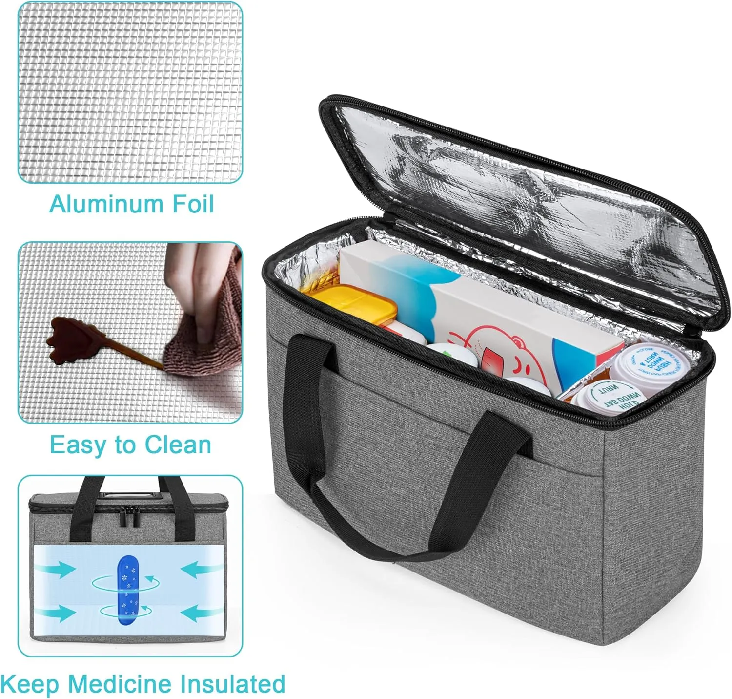 Trunab First Aid Bag Empty Small Medicine Storage Case, Insulated Medication Cooler Bag, Travel Pill Bottle Organizer for Prescription, Insulin, Supplements or Medical Supplies, Grey(Bag Only)