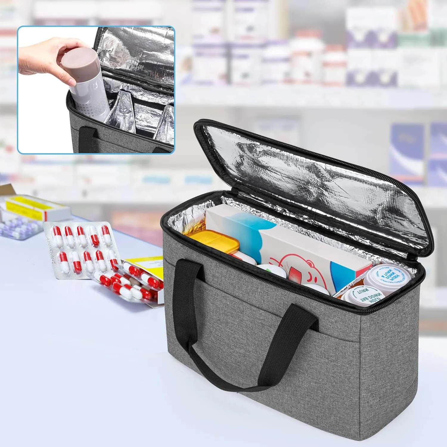 Trunab First Aid Bag Empty Small Medicine Storage Case, Insulated Medication Cooler Bag, Travel Pill Bottle Organizer for Prescription, Insulin, Supplements or Medical Supplies, Grey(Bag Only)