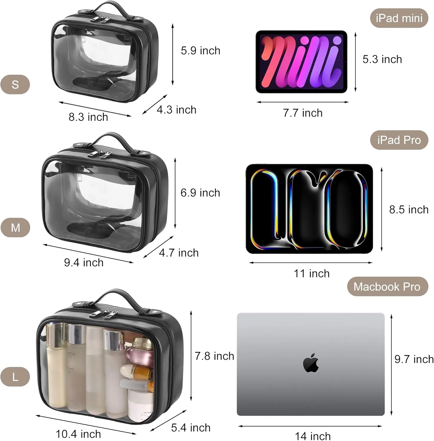 TSA Approved Clear Toiletry Bag, Leather Waterproof Travel Makeup Bag for Women, Portable Transparent Cosmetic Case with Double Layer 4 Compartments Zipper (Black, Small)