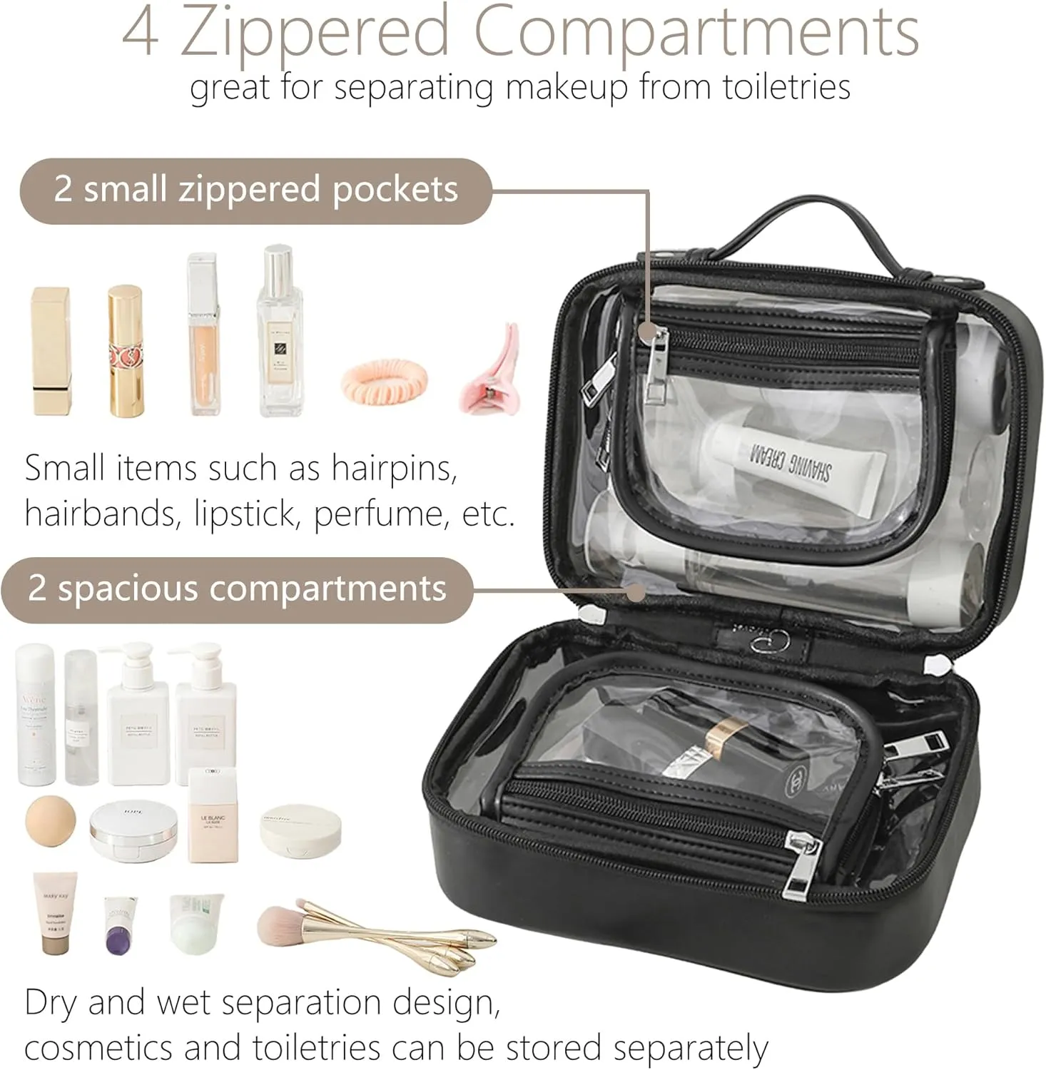 TSA Approved Clear Toiletry Bag, Leather Waterproof Travel Makeup Bag for Women, Portable Transparent Cosmetic Case with Double Layer 4 Compartments Zipper (Black, Small)