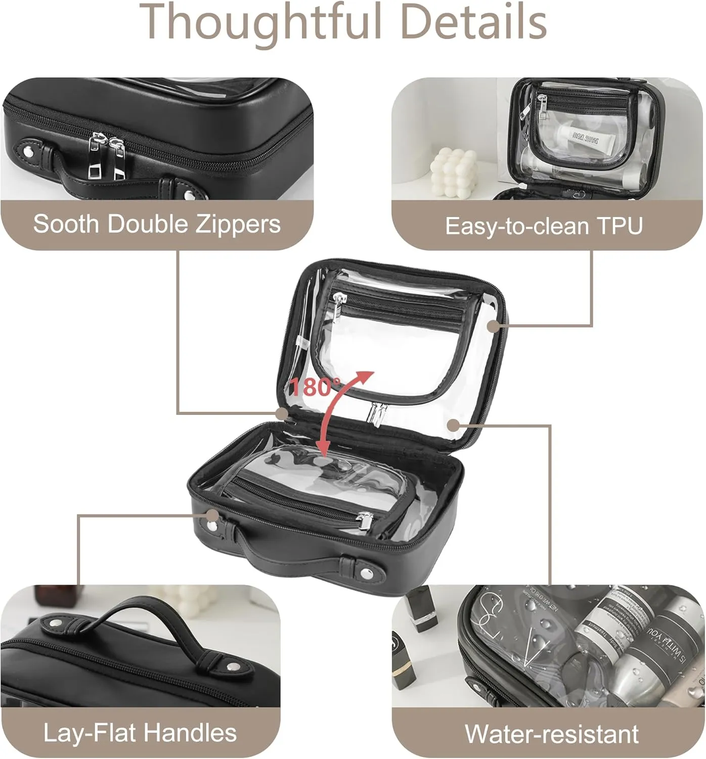 TSA Approved Clear Toiletry Bag, Leather Waterproof Travel Makeup Bag for Women, Portable Transparent Cosmetic Case with Double Layer 4 Compartments Zipper (Black, Small)